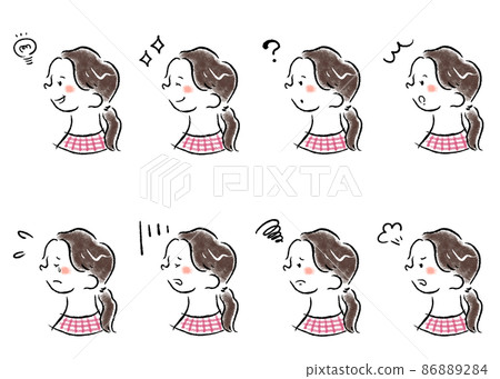 Female profile icons with various facial expressions Hand-drawn illustration material set 86889284