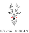 Deer head portrait. Stylized drawing reindeer in simple scandi style. Nursery scandinavian art. Black and white vector illustration 86889474