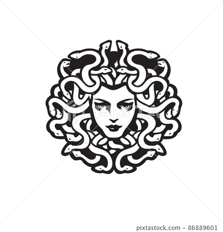Vector Black and White Medusa Gorgon Woman Head with snakes Illustration 86889601