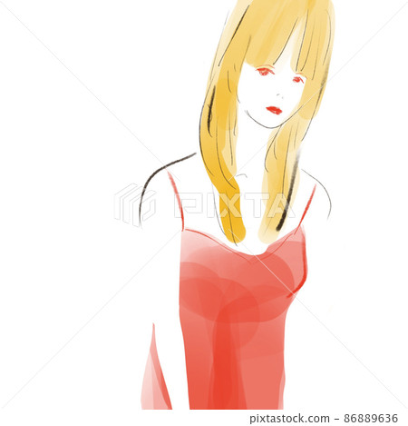 A woman in a red dress with an ambiguous expression A woman in a red dress with an ambiguous expression 86889636