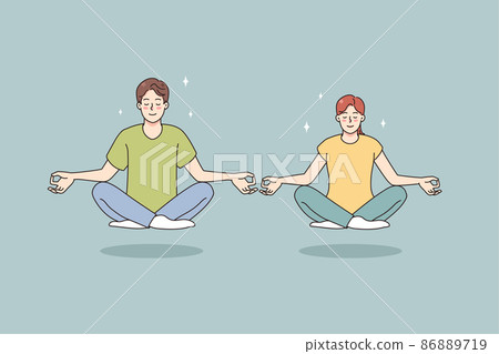 Calm man and woman meditate in lotus position Calm man and woman meditate in lotus position 86889719