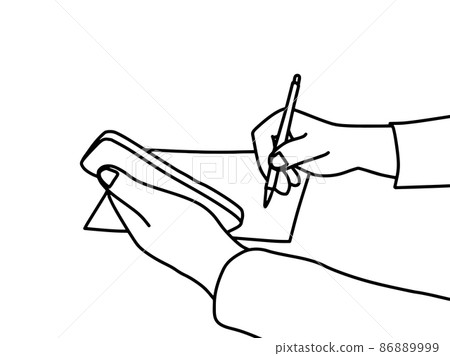 Line drawing illustration at hand of a person who takes notes while looking at a smartphone_monochrome 86889999