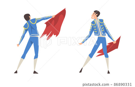 Spanish toreadors set. Bullfighter character in traditional costume with red cloth cartoon vector illustration 86890331