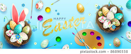 Blue postcard with Easter eggs in the nest, rabbit ears, a palette of paints 86890338