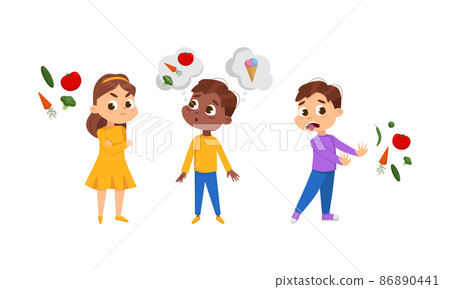 Children do not like to eat vegetables and dream of sweets set cartoon vector illustration Children do not like to eat vegetables and dream of sweets set cartoon vector illustration 86890441