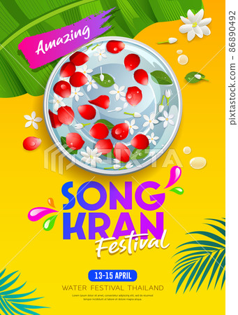 Songkran thailand, rose petals and jasmine in water bowl with coconut leaf, banana leaf, poster design on yellow background 86890492