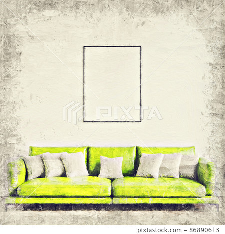 Modern beautiful interior of the room with colored walls, large windows and stylish furniture. The image is stylized as an oil painting. Bright and stylish design. 3D rendering Modern beautiful interior of the room with colored walls, large windows and stylish furniture. The image is stylized as an oil painting. Bright and stylish design. 3D rendering 86890613