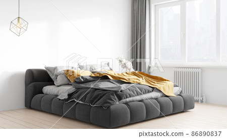 Modern beautiful interior of the room with light walls, large windows and stylish furniture. Bright design in Scandinavian style. 3D rendering 86890837