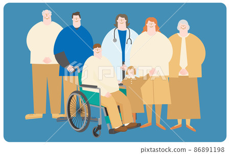 Wheelchair-riding men and their families and medical teams 86891198