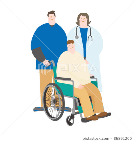 Wheelchair man, caregiving staff and doctor Wheelchair man, caregiving staff and doctor 86891200