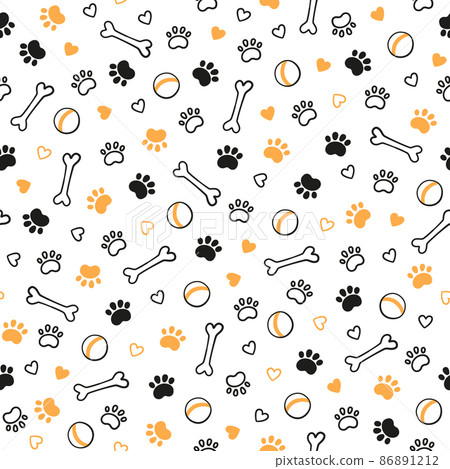 Seamless dog pattern with paw prints, bones, hearts and balls. Cat foot texture. Pattern with doggy pawprint and bones. Dog texture. Hand drawn vector illustration in doodle style on white background Seamless dog pattern with paw prints, bones, hearts and balls. Cat foot texture. Pattern with doggy pawprint and bones. Dog texture. Hand drawn vector illustration in doodle style on white background 86891212