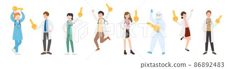 8 paramedic man or woman doctor or laboratory staff composition, medical worker with key, cartoon vector 86892483