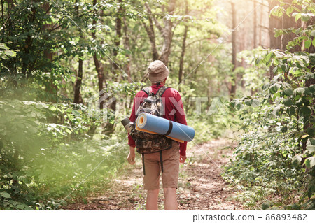 Back view of male hiker with backpack and sleepin pad on his back, walking in forest, being surrounded with green trees, wearing casual comfortable clothing. Adventure and traveling concept. 86893482