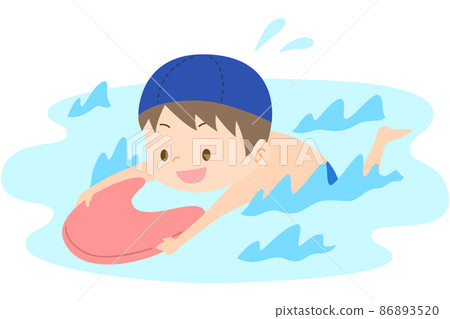 Boy Swimming On A Kickboard With A Swimming Cap - Stock Illustration 