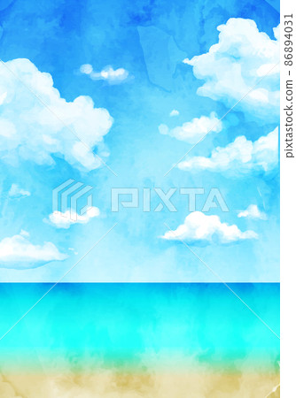 Watercolor illustration background of blue sky and sea (resort, summer, travel, beach) 86894031