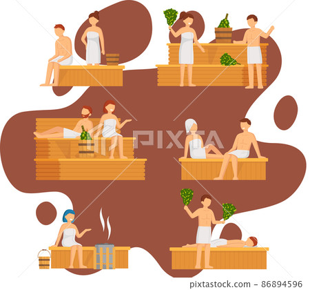 Sauna and steam room. Set of people in sauna. People relax and steam with birch brooms in banya Sauna and steam room. Set of people in sauna. People relax and steam with birch brooms in banya 86894596