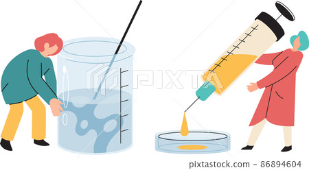 Antivirus vaccine. Scientists conducting scientific researches team of laboratory assistants with test tubes scenes set Antivirus vaccine. Scientists conducting scientific researches team of laboratory assistants with test tubes scenes set 86894604