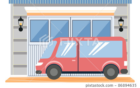 Gates with lifting mechanism, place for automobile, vehicle parking. Car near garage 86894635