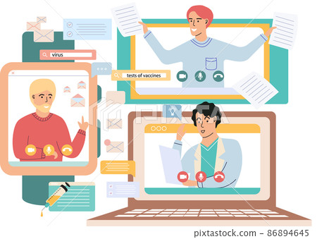 Virtual meeting, online consultation with doctor. Patient at remote reception at therapist Virtual meeting, online consultation with doctor. Patient at remote reception at therapist 86894645