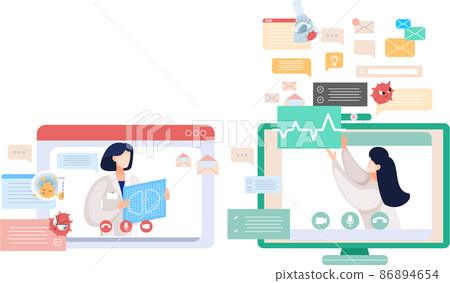 Virtual meeting, online consultation with doctor. Patient at remote reception at therapist Virtual meeting, online consultation with doctor. Patient at remote reception at therapist 86894654