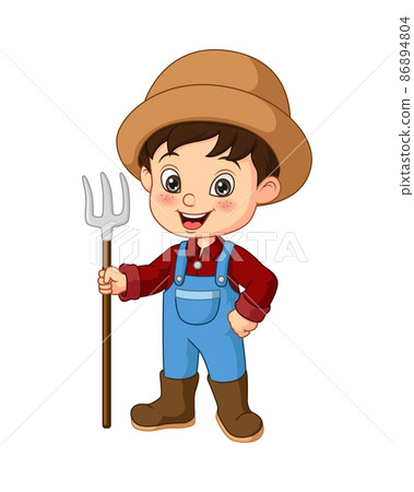 Cartoon little farmer holding a rake 86894804