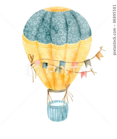 Striped cute hot air balloon yellow and blue with flags hand drawn illustration isolated on white background Striped cute hot air balloon yellow and blue with flags hand drawn illustration isolated on white background 86895581