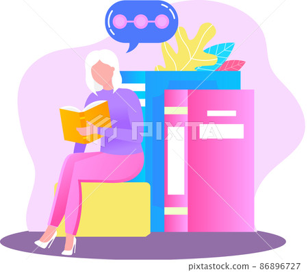 Young woman reading book standing near stack of books in living room, studying at home 86896727