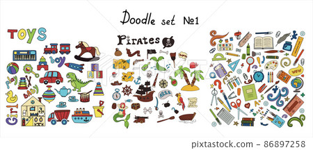 Vector doodle pirate, toys, school supples sets. A map with a hand-drawn sketch of a mermaid ship and pirate items. Template for children s postcards. Map of treasure island. Hand draw collection of 86897258