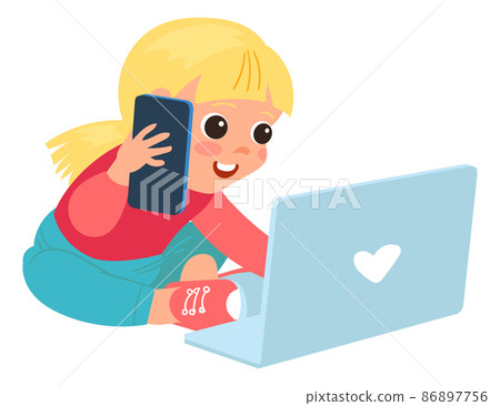 Little Girls Using Gadgets, Kids Playing Games, Learning, Communicating  with Tablet and Laptop Vector Illustration, Stock vector