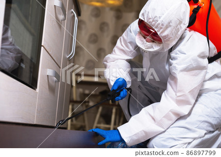 An exterminator in work clothes sprays pesticides with a spray gun. Fight against insects in apartments and houses. Disinsection of the premises An exterminator in work clothes sprays pesticides with a spray gun. Fight against insects in apartments and houses. Disinsection of the premises 86897799