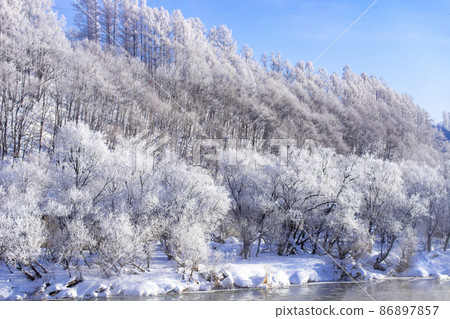 Hokkaido winter landscape, rime on Furano city 86897857