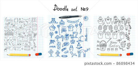 Easter, halloween, saint patrick s day doodle collections. Vector hand drawings ilustration isolated Background. Big set of sketches 86898434