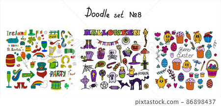 Easter, halloween, saint patrick s day doodle collections. Vector hand drawings ilustration isolated Background. Big set of sketches 86898437