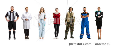 Jobs. Set of different, multi ethnic people, men and women standing isolated over white background, Horizontal flyer, banner. Models in casual clothes Jobs. Set of different, multi ethnic people, men and women standing isolated over white background, Horizontal flyer, banner. Models in casual clothes 86898540