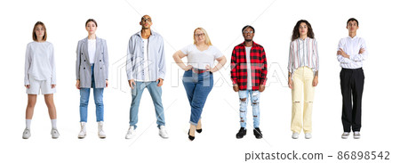 Set of different, multi ethnic people, men and women standing isolated over white background, Horizontal flyer, banner. Models in casual clothes Set of different, multi ethnic people, men and women standing isolated over white background, Horizontal flyer, banner. Models in casual clothes 86898542