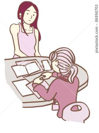 Illustration of a woman receiving an explanation of the disability welfare system at the personality disorder community activity support center Simple 86898703