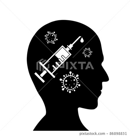 Syringe with vaccine and bacteria on human head silhouette. Syringe with vaccine and bacteria on human head silhouette. 86898831