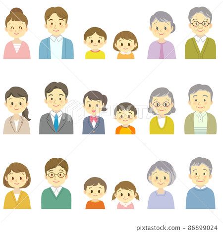 Illustration material set: 3 sets of 3 generation families facing the front with a smile (bust up / no main line) 86899024