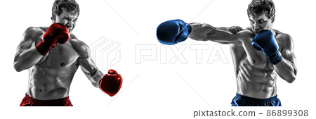 fighting in the ring. Black and white. Boxer in red corner, boxer in blue corner on white background 86899308