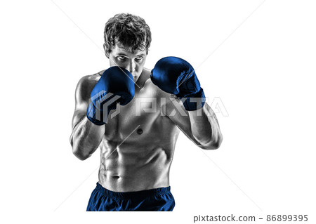 Half lenght of boxer in blue gloves who stands on white background. Black and white silhouette Half lenght of boxer in blue gloves who stands on white background. Black and white silhouette 86899395