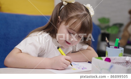 a small child draws with a felt-tip pen in an album, drawing lessons, kid in children's room plays an artist, a childhood dream to learn how to beautifully convey an image, girl paints color drawing a small child draws with a felt-tip pen in an album, drawing lessons, kid in children's room plays an artist, a childhood dream to learn how to beautifully convey an image, girl paints color drawing 86899505