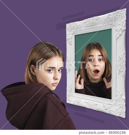 Adolescent problems. Young girl looking from mirror isolated on light background. Contemporary art collage. Concept of emotions, inner world, mental health 86900286