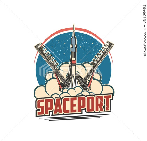 Spaceport icon, space shuttle on start, vector emblem with rocket missile booster, spaceship leave Earth to explore galaxy. Rocket take off to cosmos from cosmodrome. Cosmos research explore mission 86900481