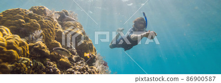 Happy man in snorkeling mask dive underwater with tropical fishes in coral reef sea pool. Travel lifestyle, water sport outdoor adventure, swimming lessons on summer beach holiday. Aerial view from 86900587