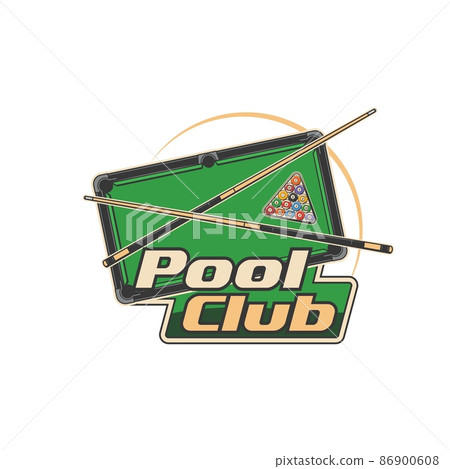 Pool club icon of billiards, snooker or pool sport game vector design. Billiards balls, crossed cues and triangle rack on green table, cue sports equipment isolated badge of pool room, billiard hall 86900608
