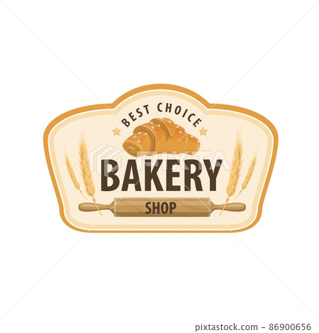 Bakery shop icon with croissant and wheat, vector sweet food. French bun of wheat flour, cereal ears and wooden rolling pin isolated symbol of bakery, pastry shop, cafe or patisserie menu icon 86900656