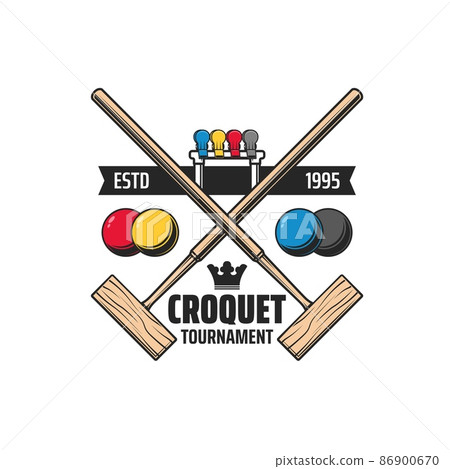 Croquet sport crossed wooden mallets icon with vector balls, wicket or hoop and colorful player clips. Croquet court, sport club, championship, tournament match isolated emblem or symbol design Croquet sport crossed wooden mallets icon with vector balls, wicket or hoop and colorful player clips. Croquet court, sport club, championship, tournament match isolated emblem or symbol design 86900670