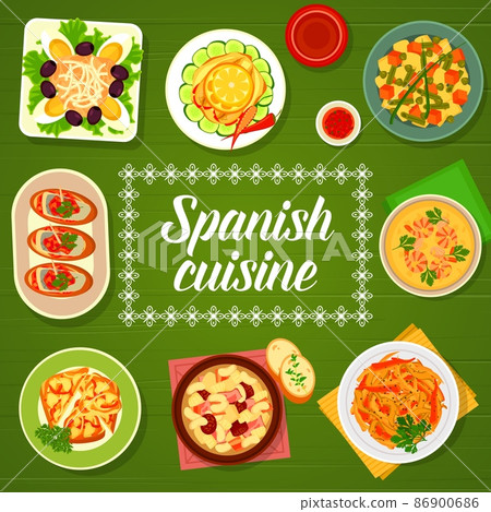 Spanish cuisine restaurant menu cover with vector frame of vegetable, meat, fish and seafood dishes. Pepper tapas, sardine toast, tuna, egg and olive salad, shrimp soup and eggplant escalivada 86900686