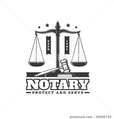 Notary service retro icon with scales of justice and judge gavel. Jurisprudence authorized service, notary firm retro emblem, monochrome vector law agency icon or vintage symbol 86900728