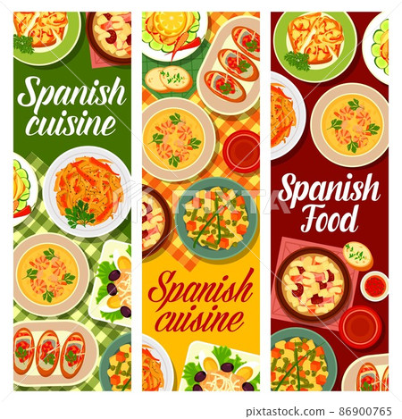 Spanish cuisine food dishes vector banners of vegetable tapas, fish salad and pork meat sausage stew. Seafood shrimp soup, sardine toast pinchos and eggplant escalivada, Mediterranean restaurant menu Spanish cuisine food dishes vector banners of vegetable tapas, fish salad and pork meat sausage stew. Seafood shrimp soup, sardine toast pinchos and eggplant escalivada, Mediterranean restaurant menu 86900765
